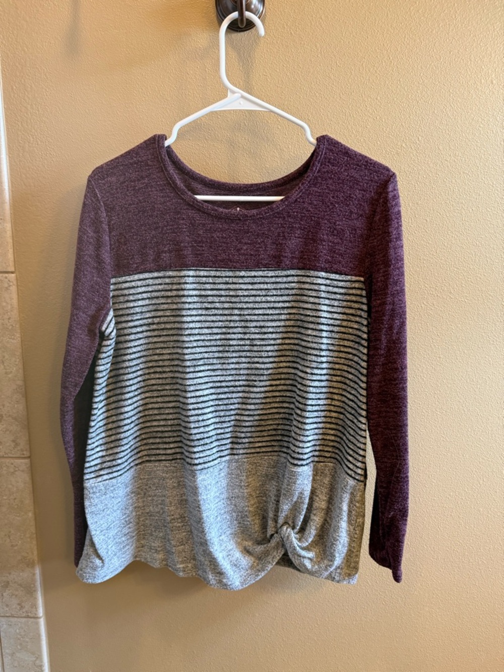 St. John's Bay Plum and Gray Striped Twist-Hem Long Sleeve Top